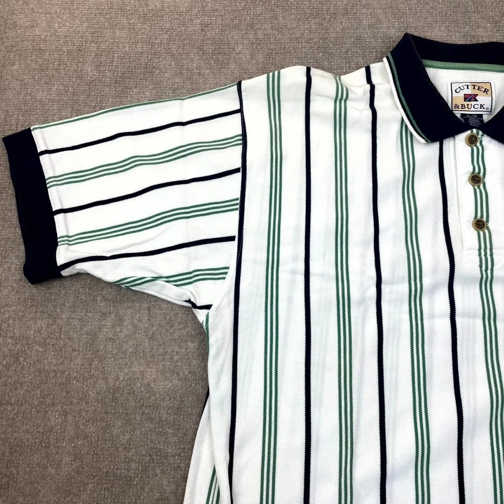 Cutter & Buck Grand Cypress Polo Shirt Mens XL White‎ Striped Cotton Performance